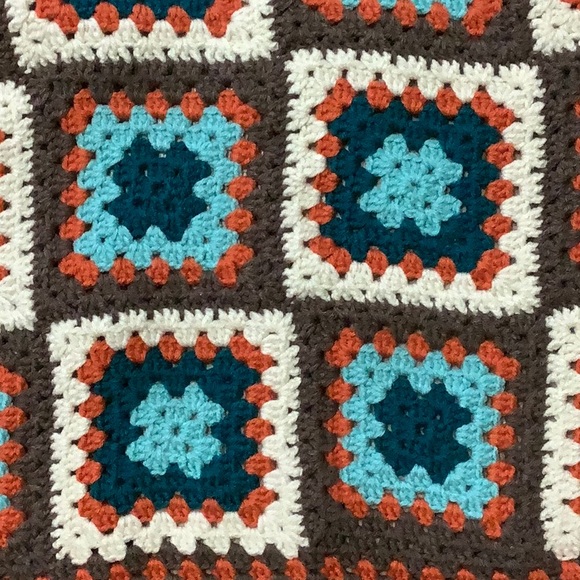 Brown, turquoise & orange granny square Afghan - Picture 2 of 6